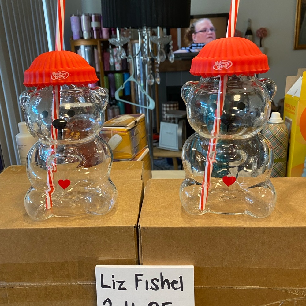 Honey Bear Shaped GLASS Drink Cups with Red Lids